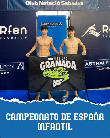 Two swimmers holding a University of Granada banner at the Spanish championships in Sabadell