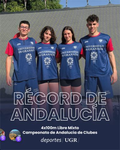 Four University of Granada swimmers with a graphic reading Andalusian record, mixed 4x100m free